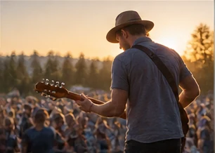 A musician playing to an outdoor crowd